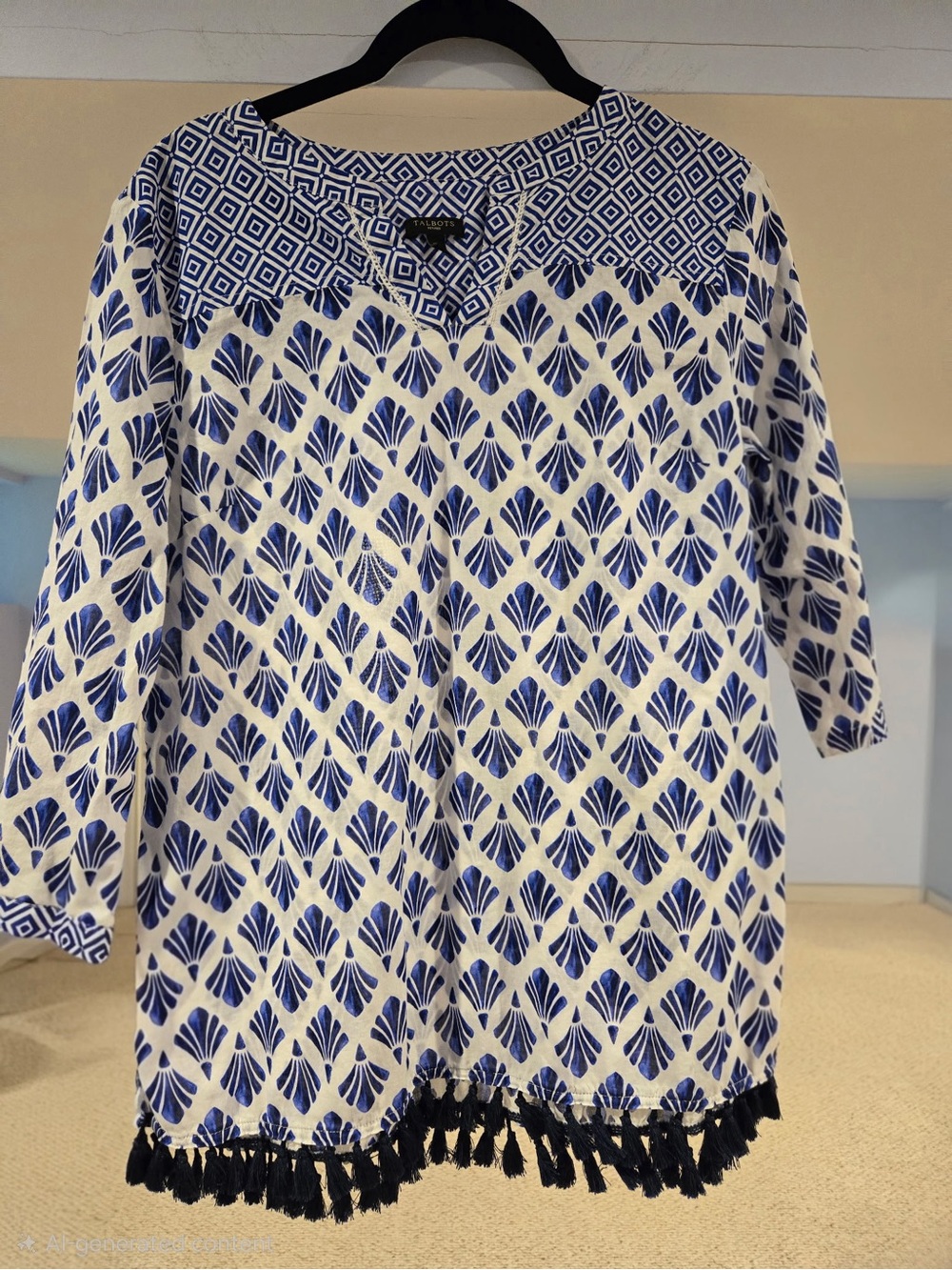 Talbots White and Blue Patterned Tunic with Tassel Hem